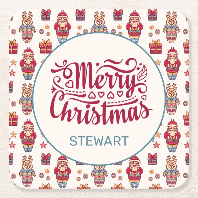 Merry Christmas Personalized Square Paper Coaster (Front)