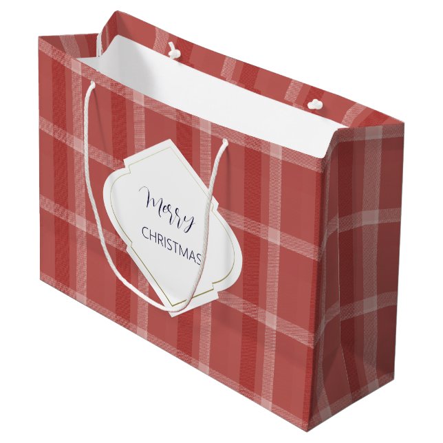 Merry Christmas Personalized Tartan Burgundy Red Large Gift Bag (Front Angled)