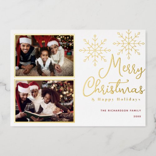 Merry Christmas Personalized Two Photos Real Foil Holiday Card