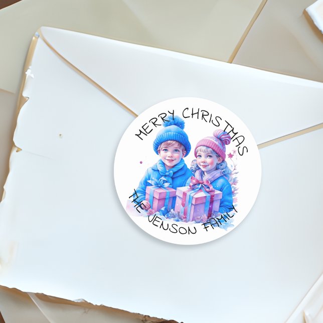 Merry Christmas Personalized Watercolor Classic Round Sticker (Creator Uploaded)