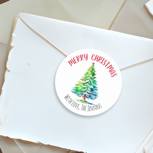 Merry Christmas Personalized Watercolor Classic Round Sticker (Creator Uploaded)