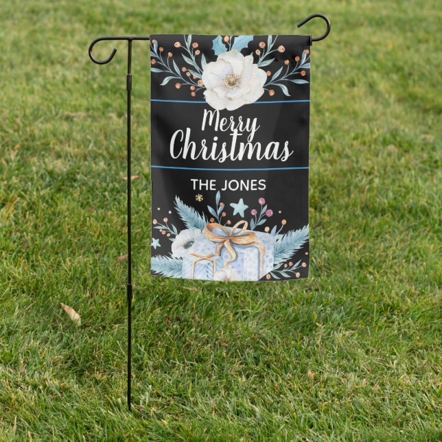 Merry Christmas Personalized | White Floral | Gift Garden Flag (In SItu)