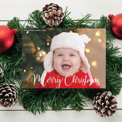 Merry Christmas Personalized White Script Photo Holiday Card