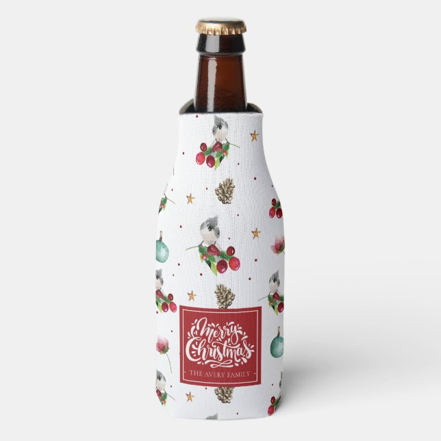 Merry Christmas Personalized Winter Bird Pattern Bottle Cooler (Bottle Front)