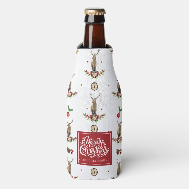 Merry Christmas Personalized Winter Deer Pattern Bottle Cooler (Bottle Front)