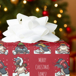 Merry Christmas Personalized Xmas Penguin Cartoon Wrapping Paper