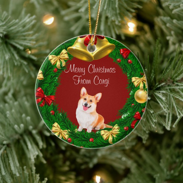 Merry Christmas Pet Dog Welsh Corgi Ceramic Ornament (Tree)