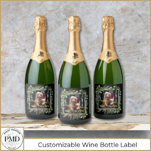Merry Christmas Pet Photo Wreath Botanical Sparkling Wine Label