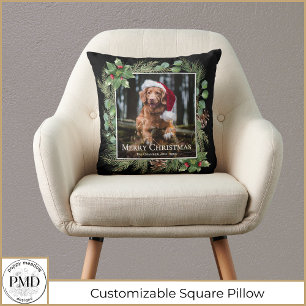 Merry Christmas Pet Photo Wreath Botanical Throw Pillow