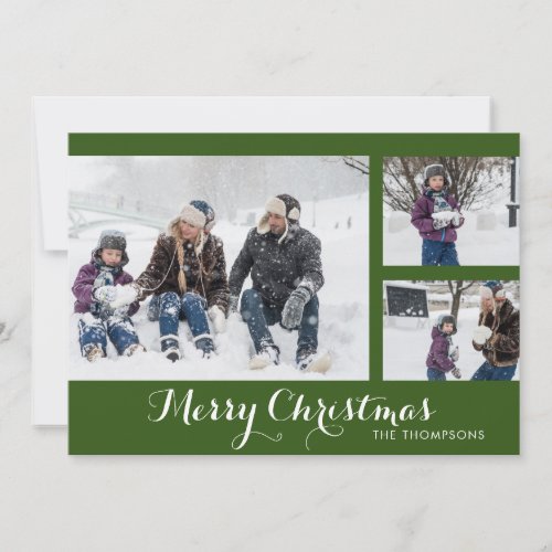 Merry Christmas Photo 3 Family Green Picture Card