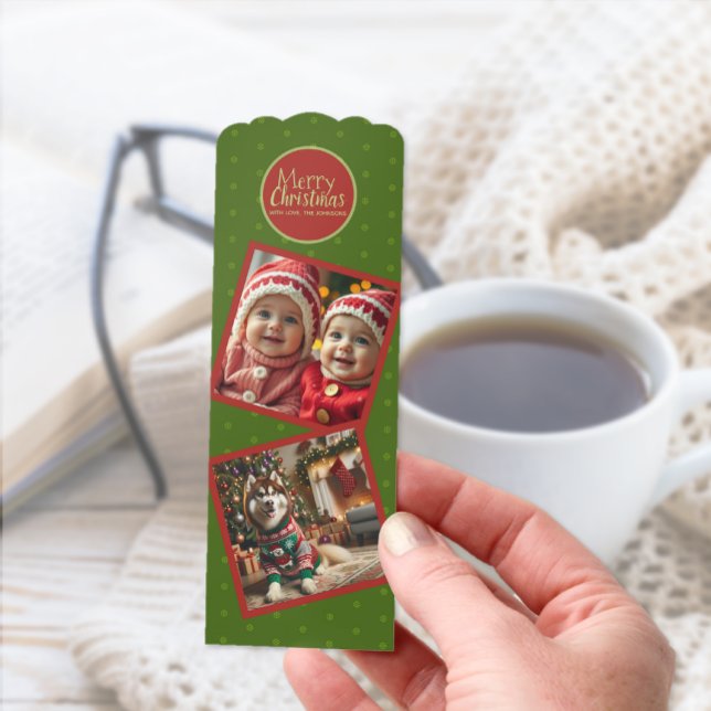 Merry Christmas Photo Add Message Bookmark (The front of the custom Christmas green two photo bookmark (Add Your Photos and a personal greeting))