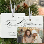 Merry Christmas Photo and Elegant Calligraphy Ceramic Ornament<br><div class="desc">Merry Christmas photo ornament which you can personalize with your favorite photo and personalized wording on the back. Elegant typographic design with swirly calligraphy and easy to edit for friend or family. This holiday ornament is lettered with Merry Christmas on one side and editable text on the other. The sample...</div>