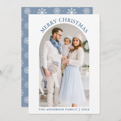 Merry Christmas Photo Arch Snowflakes Dusty Blue Holiday Card