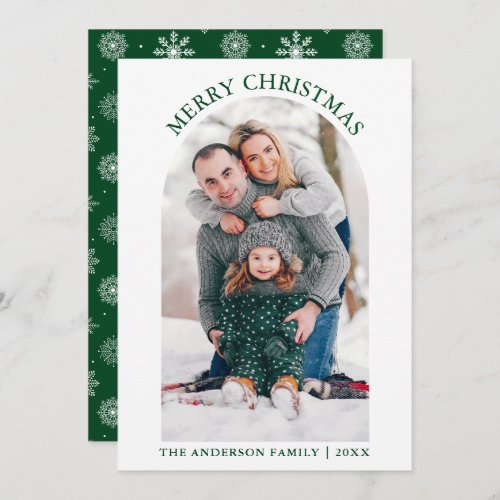 Merry Christmas Photo Arch Snowflakes Green Holiday Card