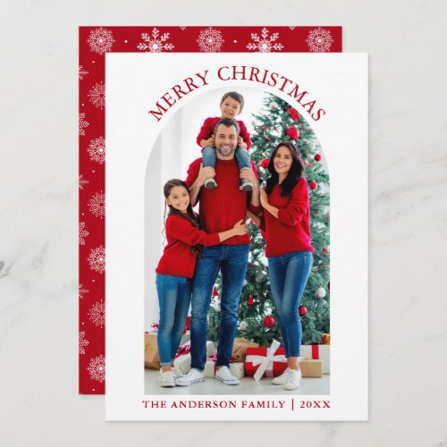 Merry Christmas Photo Arch Snowflakes Red Holiday Card