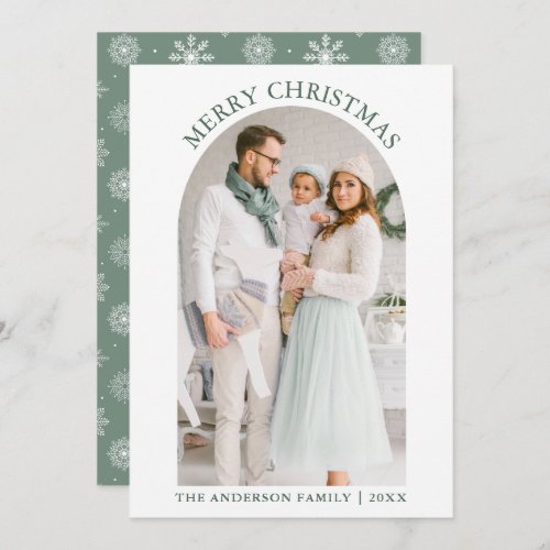 Merry Christmas Photo Arch Snowflakes Sage Green Holiday Card
