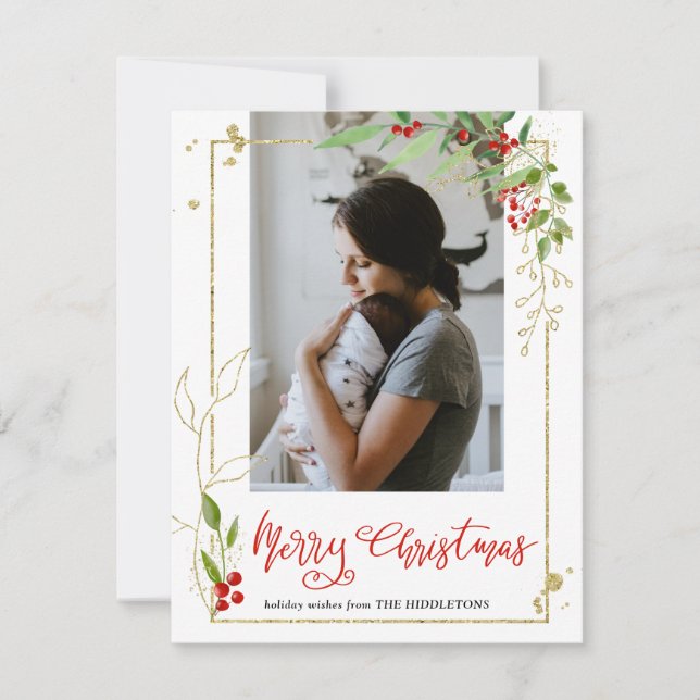 Merry Christmas | Photo Berry Holly Frame script Holiday Card (Front)