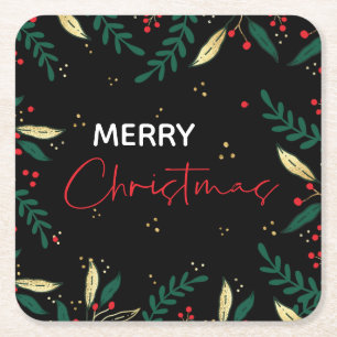 Merry Christmas Photo Black Red Gold Greenery Square Paper Coaster