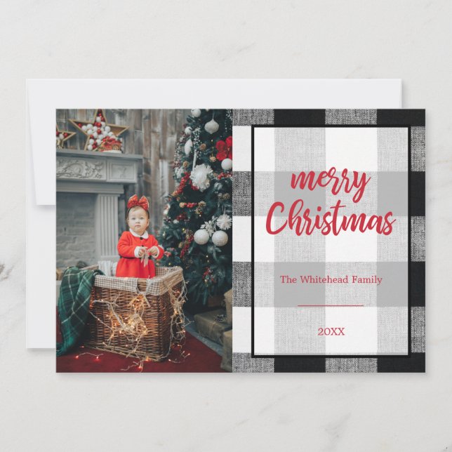 Merry Christmas Photo Black White Buffalo Plaid Holiday Card (Front)