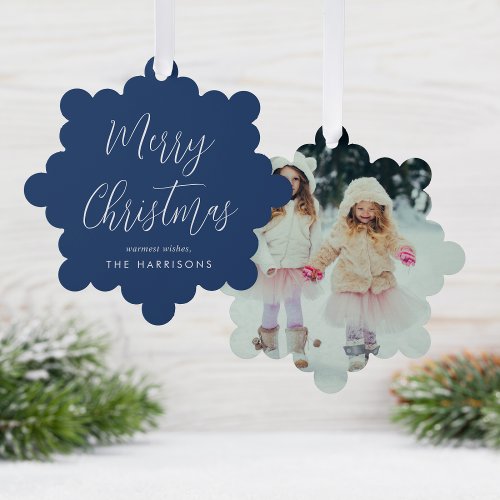 Merry Christmas Photo Blue Holiday Ornament Card