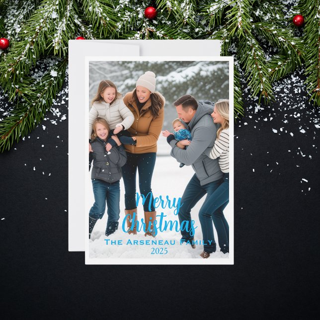 Merry Christmas Photo Blue Personalize Holiday Card (Creator Uploaded)