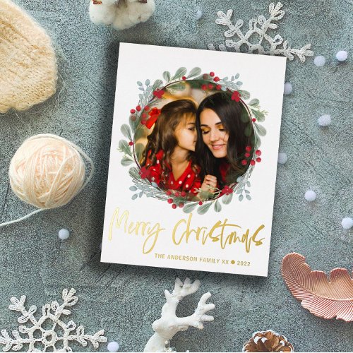  Merry Christmas Photo Botanical Gold Script Foil Holiday Postcard