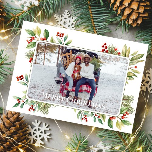 Merry Christmas Photo Botanical Holly Greenery Holiday Card