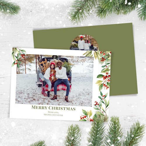 Merry Christmas Photo Botanical Holly Greenery Holiday Card