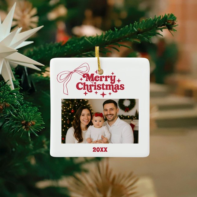 Merry Christmas photo bow red hand-drawn retro Ceramic Ornament (Creator Uploaded)