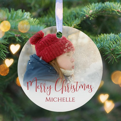 Merry Christmas Photo Calligraphy Green Red Plaid Ceramic Ornament