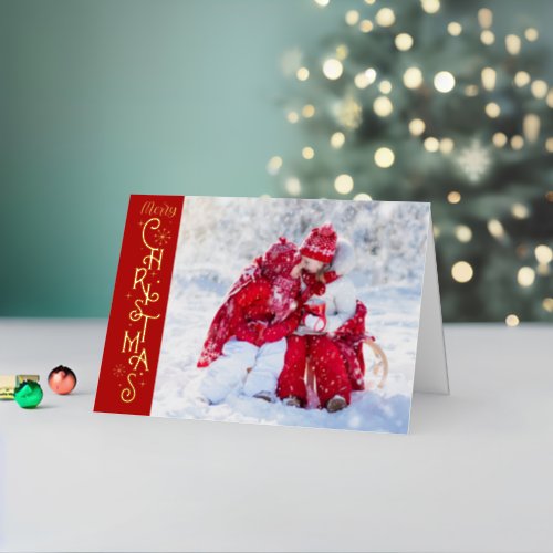 Merry Christmas Photo Calligraphy Red Gold  Foil Holiday Card