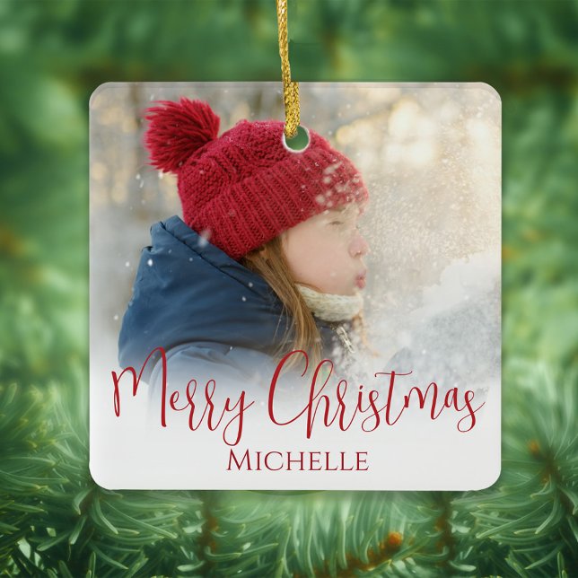 Merry Christmas Photo Calligraphy Red Green Plaid Ceramic Ornament (Merry Christmas with whimsical stylish calligraphy script ceramic square ornament. )