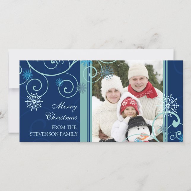 Merry Christmas Photo Card Blue Snowflakes (Front)