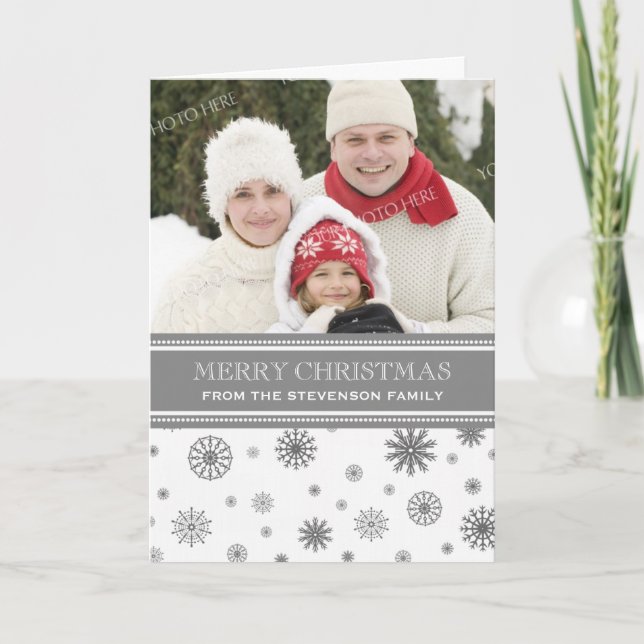 Merry Christmas Photo Card Gray White Snowflakes (Front)