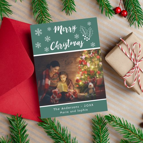 Merry Christmas photo card green and white script