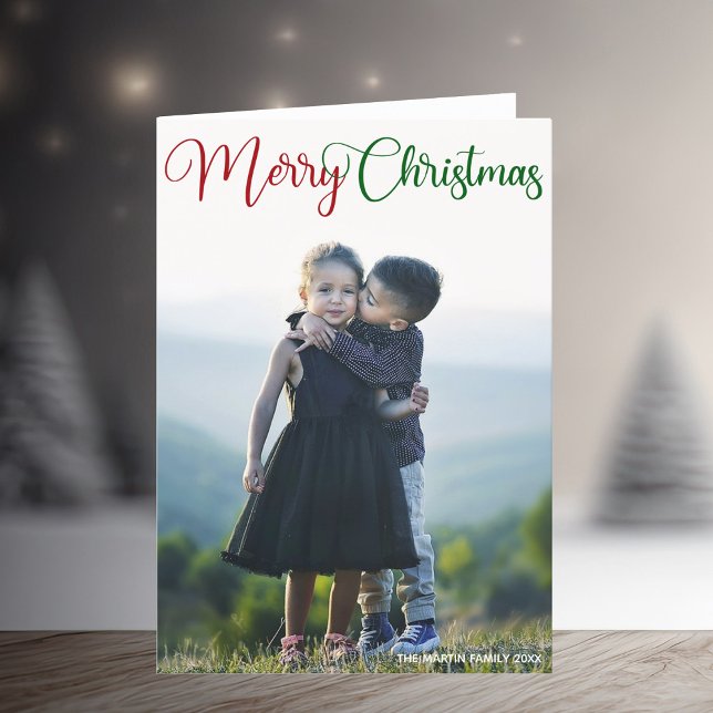 Merry Christmas Photo Chic Red Green Folded Holiday Card (Creator Uploaded)