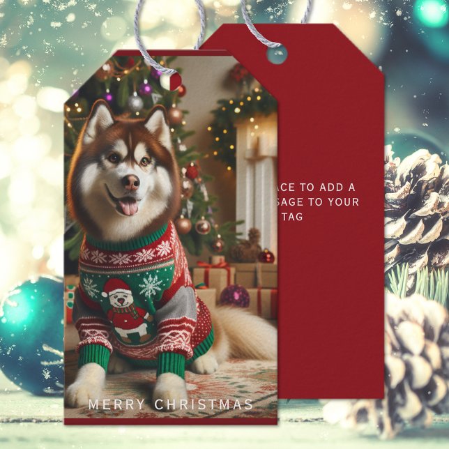 Merry Christmas Photo Christmas Gift Tags (The front and back of the custom Husky Christmas Holiday gift tag )