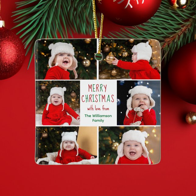 Merry Christmas Photo Collage Beautiful Custom Ceramic Ornament (Creator Uploaded)