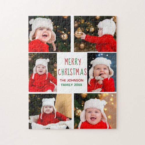 Merry Christmas Photo Collage Beautiful Red Green Jigsaw Puzzle