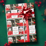 Merry Christmas Photo Collage Beautiful Red Green Wrapping Paper<br><div class="desc">This cute,  modern Merry Christmas wrapping paper features a classy layout of 4 family photos on a white background with pretty red and green typography and festive stripes. This beautiful kids photo holiday gift wrap features your own child's photograph collage surrounding your message and family name.</div>
