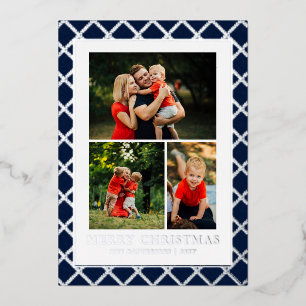 Merry Christmas Photo Collage Blue Check Foil Holiday Card
