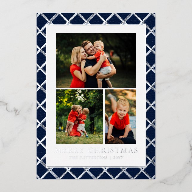 Merry Christmas Photo Collage Blue Check Foil Holiday Card (Front)