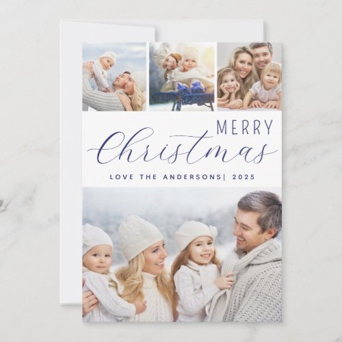 Merry Christmas Photo Collage Blue Holiday Card
