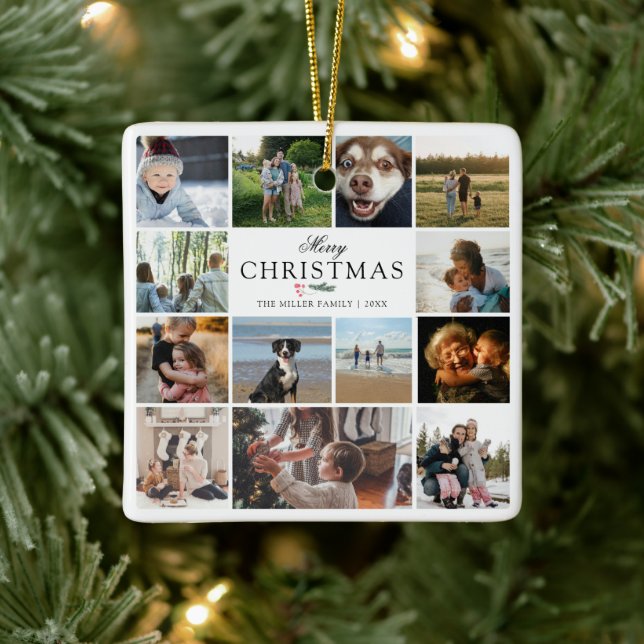 Merry Christmas Photo Collage Ceramic Ornament (Tree)