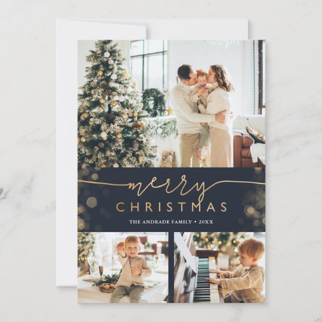 Merry Christmas Photo Collage Classic Blue Gold Holiday Card (Front)