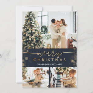 Merry Christmas Photo Collage Classic Blue Gold Holiday Card