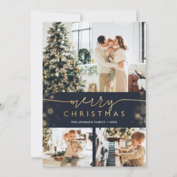 Merry Christmas Photo Collage Classic Blue Gold Holiday Card by rua_25 at Zazzle