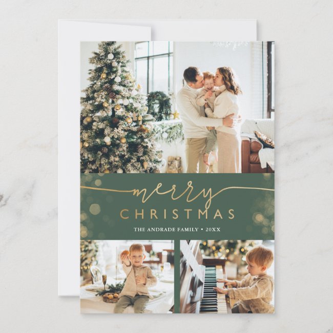 Merry Christmas Photo Collage Classic Green Gold Holiday Card