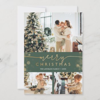 Merry Christmas Photo Collage Classic Green Gold Holiday Card by rua_25 at Zazzle
