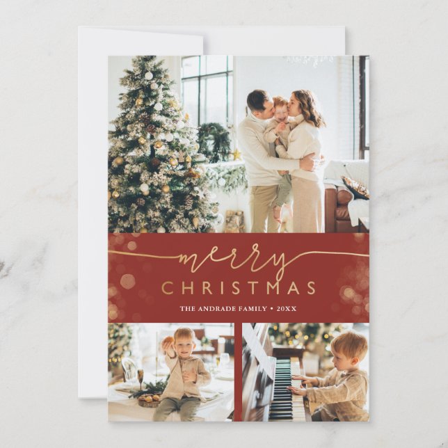 Merry Christmas Photo Collage Classic Red Gold Holiday Card (Front)